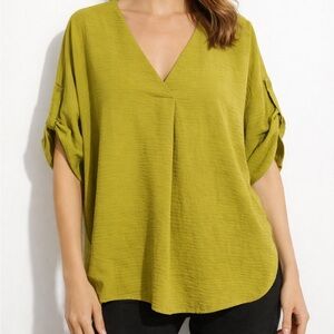 Umgee Chartreuse Flowy Roll-Tab Sleeve V-Neck Oversize Blouse
